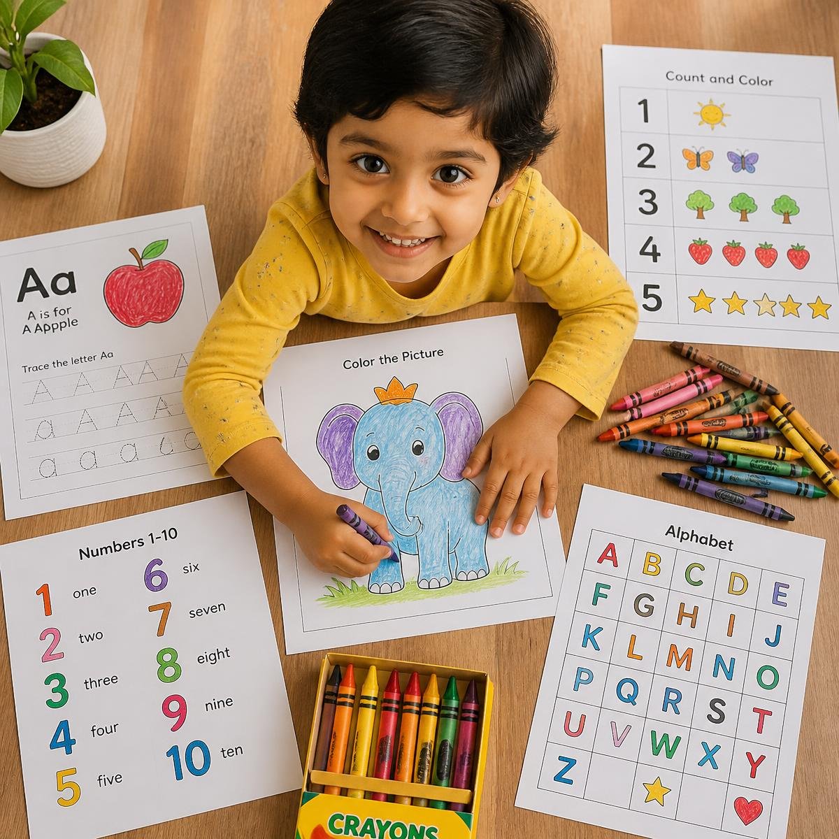 Preschool bachcha printable alphabet aur coloring worksheets par kaam karte hue